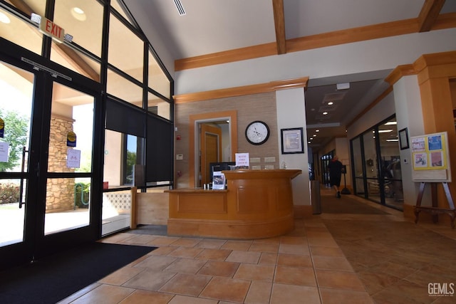 5712 Wisteria Valley Rd, Bakersfield, CA 93306 - reception featuring a towering ceiling and beam ceiling