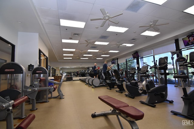 5712 Wisteria Valley Rd, Bakersfield, CA 93306 - gym featuring a drop ceiling and a ceiling fan