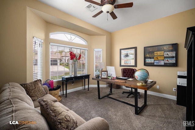 office featuring ceiling fan and carpet