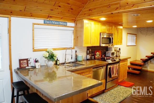 45864 Upndown Rd, Posey, CA 93260 - kitchen featuring appliances with stainless steel finishes, a sink, wood ceiling, a peninsula, and a breakfast bar area
