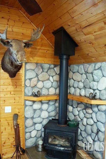 45864 Upndown Rd, Posey, CA 93260 - detailed view of a wood stove, wood ceiling, and wood finished floors