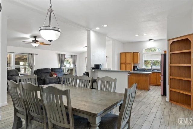22940 Fast Ct, Bakersfield, CA 93314 - dining space featuring a ceiling fan, light wood finished floors, and recessed lighting