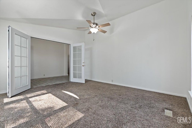 22940 Fast Ct, Bakersfield, CA 93314 - unfurnished bedroom with carpet flooring, french doors, a closet, lofted ceiling, and ceiling fan