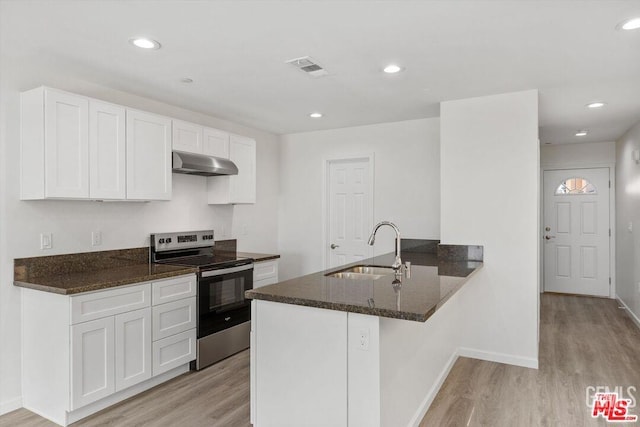 kitchen with white cabinetry, sink, stainless steel range with electric cooktop, and kitchen peninsula