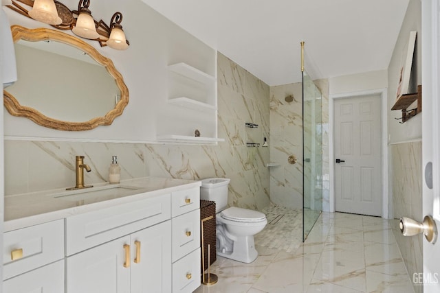 full bathroom featuring vanity, a marble finish shower, tile walls, toilet, and marble finish floor