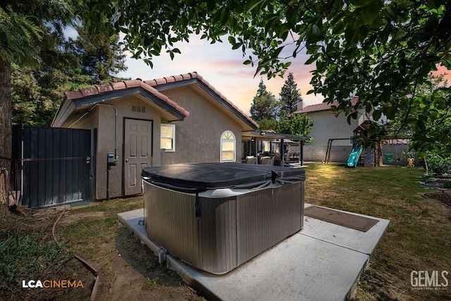 10005 Valley Forest Ct, Bakersfield, CA 93311 - exterior space featuring a playground, a hot tub, fence, and central AC unit