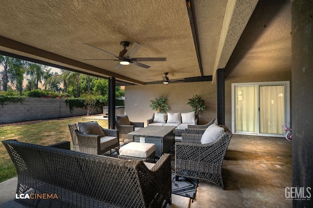 10005 Valley Forest Ct, Bakersfield, CA 93311 - view of patio with ceiling fan, a fenced backyard, and an outdoor living space