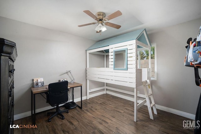 10005 Valley Forest Ct, Bakersfield, CA 93311 - office featuring a ceiling fan, wood finished floors, and baseboards