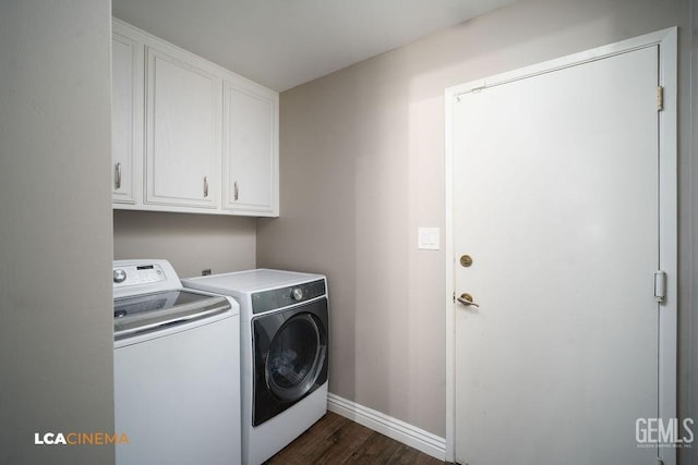 10005 Valley Forest Ct, Bakersfield, CA 93311 - laundry room with washing machine and dryer, cabinet space, dark wood-style floors, and baseboards