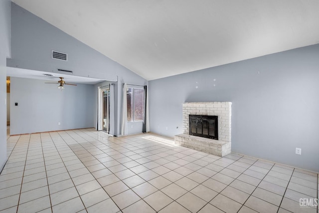 2617 Auburn Ct, Bakersfield, CA 93306 - unfurnished living room with a brick fireplace, ceiling fan, tile patterned flooring, and high vaulted ceiling