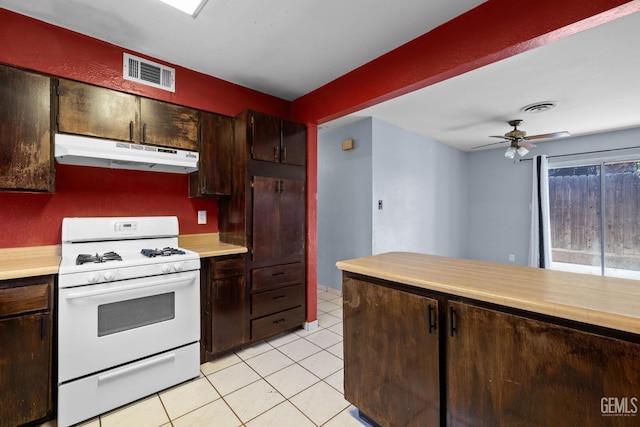 2617 Auburn Ct, Bakersfield, CA 93306 - kitchen featuring under cabinet range hood, white range with gas stovetop, light countertops, and a ceiling fan