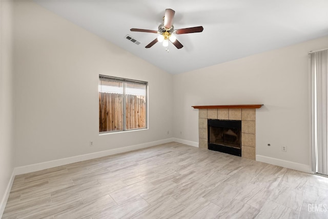 3410 Kimmie Rachelle Ct, Bakersfield, CA 93313 - unfurnished living room featuring lofted ceiling, ceiling fan, and a tiled fireplace