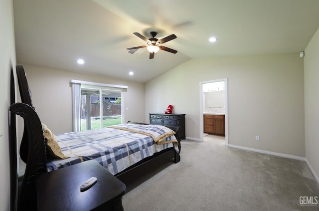 7215 Pine Flat Dr, Bakersfield, CA 93311 - bedroom with vaulted ceiling, access to outside, baseboards, light colored carpet, and recessed lighting