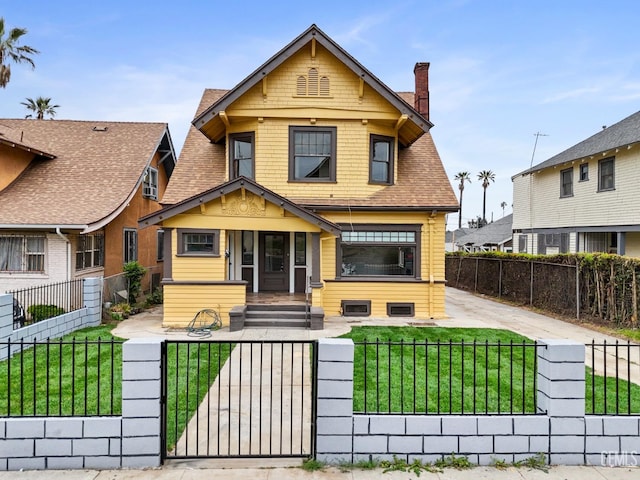 1940 S La Salle Ave, Los Angeles, CA 90018 - view of front facade with a chimney, covered porch, roof with shingles, and a gate