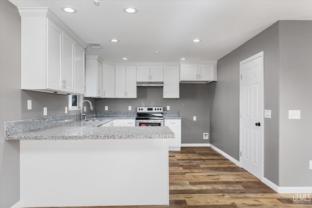 kitchen with visible vents, electric stove, a peninsula, under cabinet range hood, and a sink