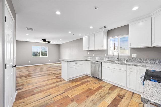 kitchen with a peninsula, a sink, visible vents, white cabinetry, and stainless steel dishwasher