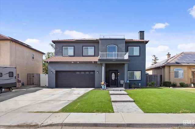 437 Rian Noelle Ct, Bakersfield, CA 93308 - mediterranean / spanish-style home with a balcony, a chimney, solar panels, a gate, and stucco siding