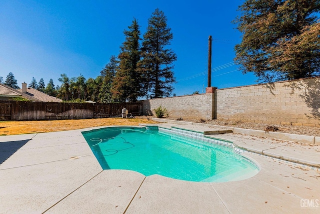 view of swimming pool with a fenced in pool, a patio, and a fenced backyard