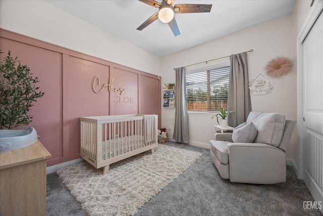 9008 Pine Breeze Ln, Shafter, CA 93263 - bedroom featuring carpet flooring, a nursery area, baseboards, and ceiling fan