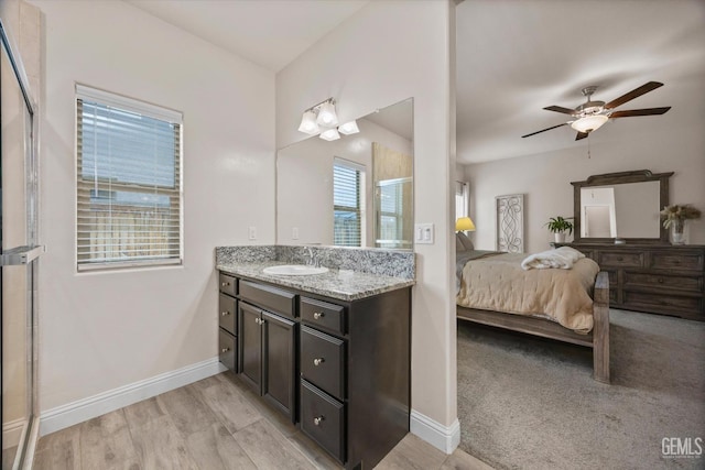 9008 Pine Breeze Ln, Shafter, CA 93263 - dining room featuring ceiling fan, visible vents, vaulted ceiling, baseboards, and light wood finished floors