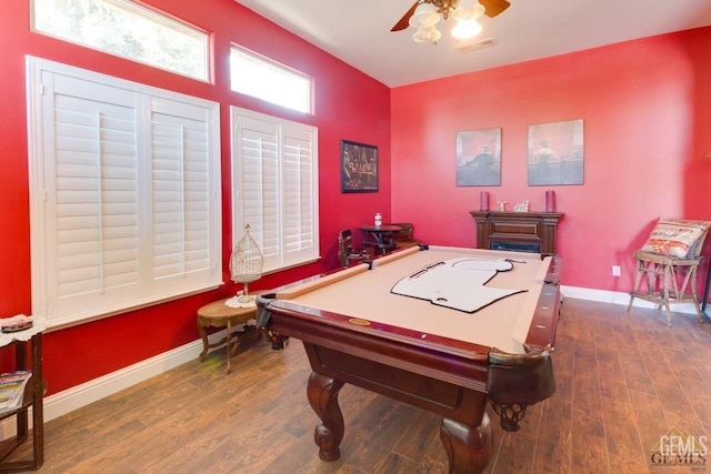 rec room with billiards, dark hardwood / wood-style floors, and ceiling fan