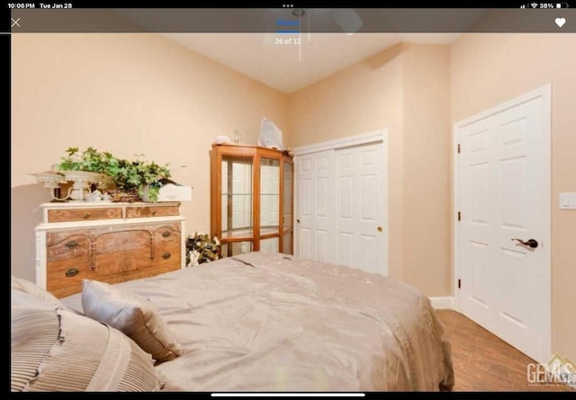 bedroom with hardwood / wood-style floors and a closet