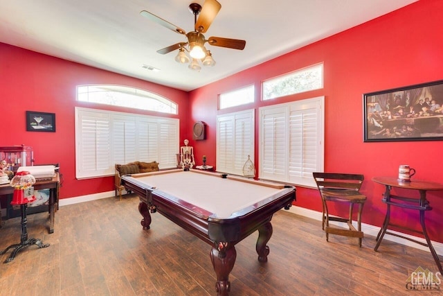 game room with ceiling fan, plenty of natural light, pool table, and hardwood / wood-style floors