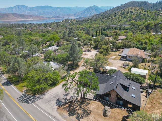 birds eye view of property featuring a view of trees and a water and mountain view