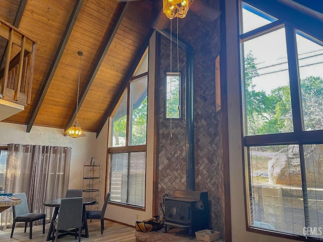living room featuring beamed ceiling, high vaulted ceiling, a wood stove, wood finished floors, and wooden ceiling