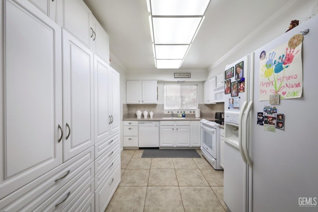 712 River Oaks Dr, Bakersfield, CA 93309 - kitchen with white appliances, white cabinets, light tile patterned floors, backsplash, and crown molding