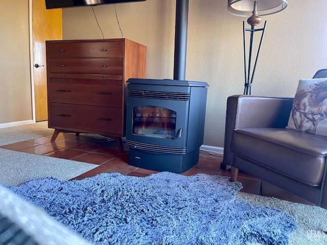 interior details with a wood stove and baseboards