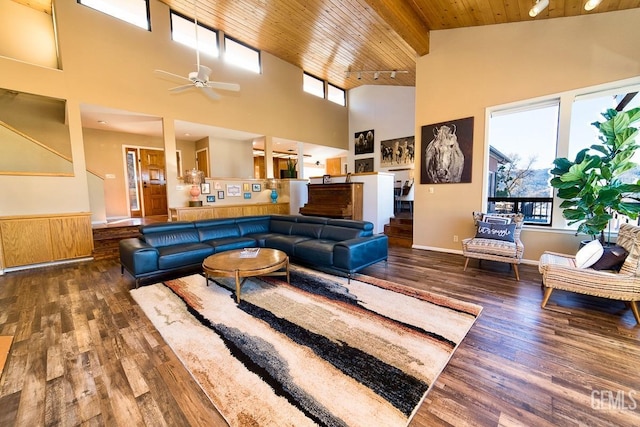 living area featuring ceiling fan, track lighting, wood finished floors, high vaulted ceiling, and wooden ceiling