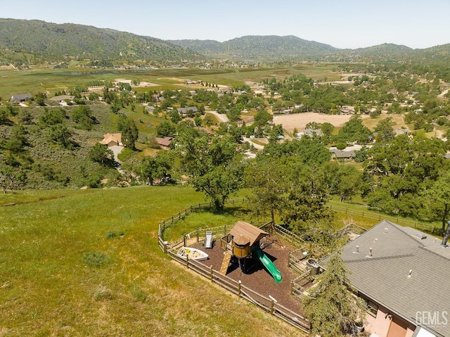 drone / aerial view featuring a mountain view