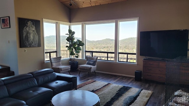 living area featuring lofted ceiling, wooden ceiling, wood finished floors, and baseboards