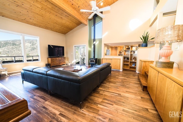 living room featuring wooden ceiling, plenty of natural light, wood finished floors, and a wood stove