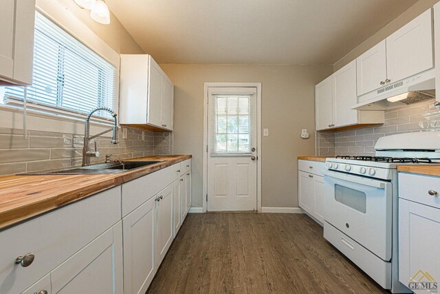 kitchen featuring under cabinet range hood, a sink, butcher block countertops, and gas range gas stove