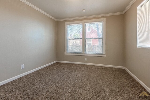carpeted spare room with crown molding, baseboards, and a wealth of natural light