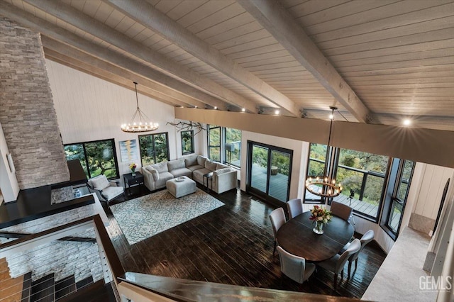 living room with wood ceiling, beamed ceiling, hardwood / wood-style flooring, and a notable chandelier