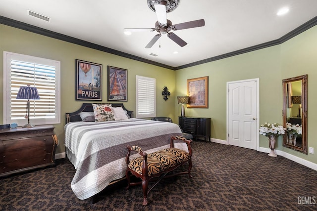 4906 Palisades Cir, Bakersfield, CA 93308 - carpeted bedroom featuring crown molding, visible vents, baseboards, and ceiling fan