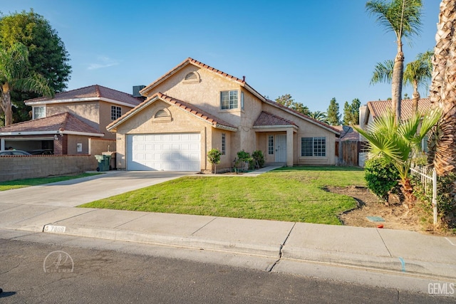 view of front facade with a front yard and a garage