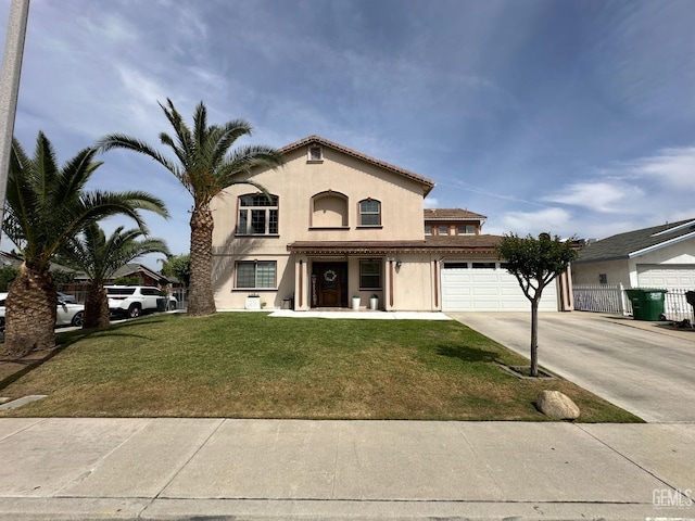 mediterranean / spanish house with stucco siding, fence, a garage, a front lawn, and concrete driveway
