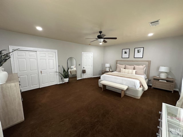 bedroom featuring baseboards, visible vents, ceiling fan, and recessed lighting
