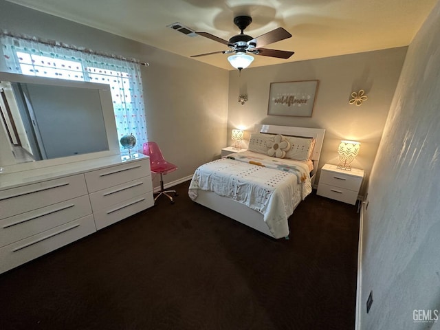 bedroom featuring dark carpet, visible vents, and ceiling fan