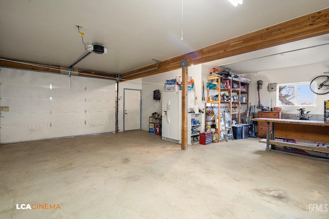 garage featuring white fridge with ice dispenser and a garage door opener