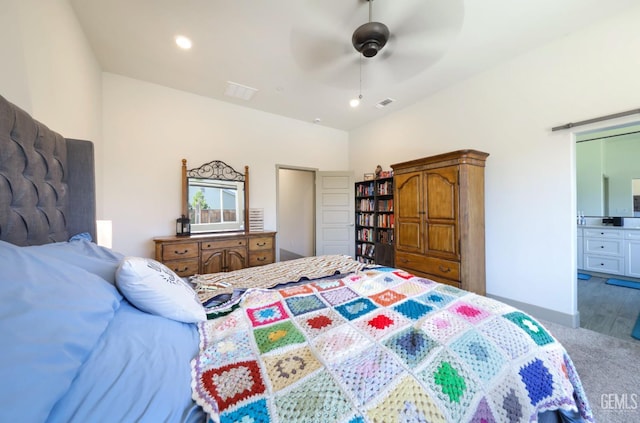9108 Manor Forest Ln, Shafter, CA 93263 - bedroom featuring carpet floors, a ceiling fan, ensuite bath, and recessed lighting