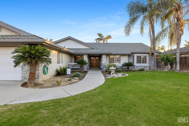 14013 Laverton Ave, Bakersfield, CA 93314 - ranch-style home featuring a garage, stucco siding, roof with shingles, and stone siding