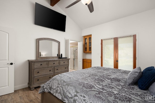 bedroom featuring ensuite bathroom, high vaulted ceiling, beamed ceiling, ceiling fan, and hardwood / wood-style floors