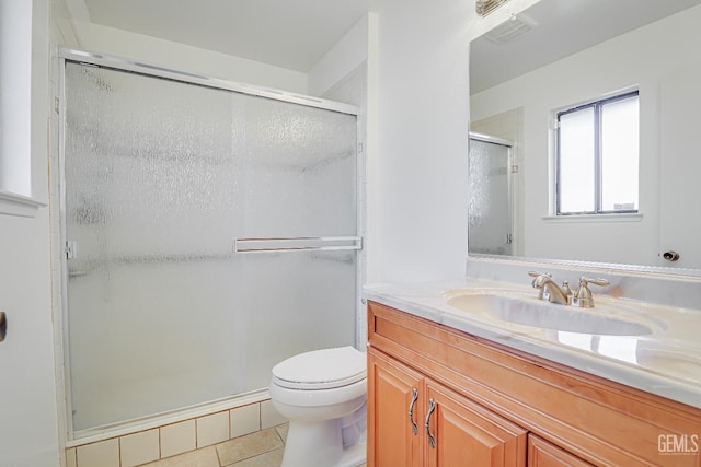 bathroom featuring visible vents, toilet, tile patterned flooring, vanity, and a shower stall