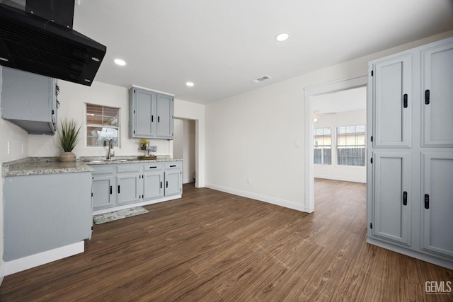 kitchen featuring exhaust hood, dark wood-type flooring, a sink, and recessed lighting