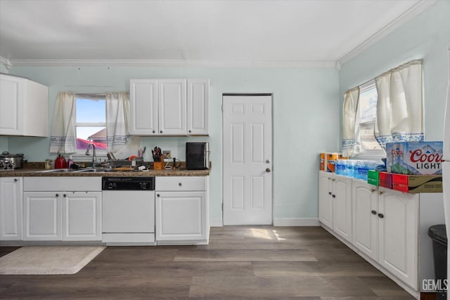 kitchen with dishwasher, sink, hardwood / wood-style floors, white cabinets, and ornamental molding